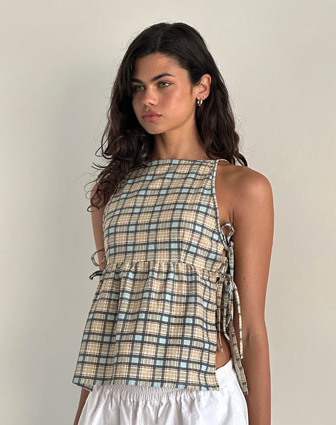 Image of Palsi Loose Sleeveless Top in Pastel Blue Tartan