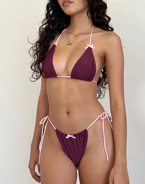 Image of Leyna Bow Bikini Bottom in Wine with Sakura Pink Binding