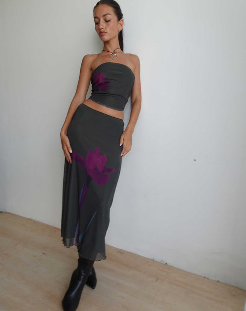 Image of Lassie Maxi Skirt in Green with Purple Flower Print