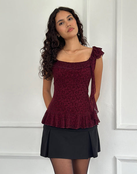 Image of Piroli Top in Ditsy Floral Flock Burnt Maroon