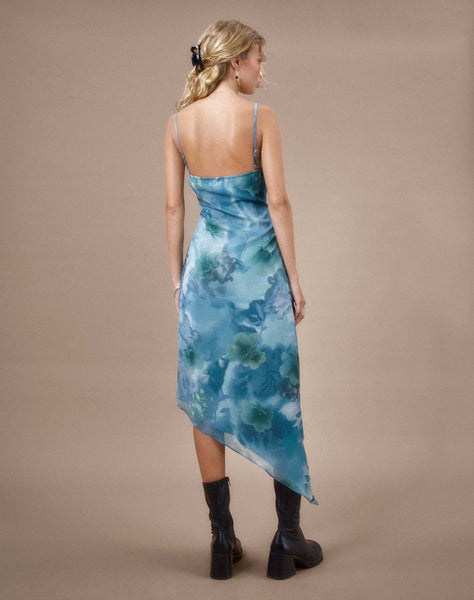 image of Preston Midi Dress in Watercolour Floral Blue