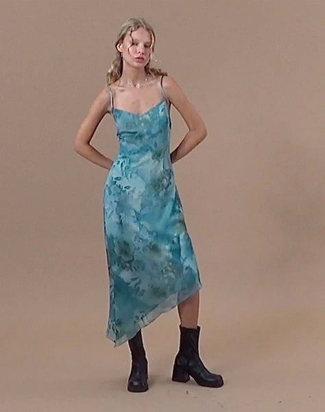 image of Preston Midi Dress in Watercolour Floral Blue