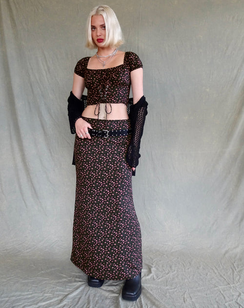 image of Easton Maxi Skirt in Dark Pink Rose Black