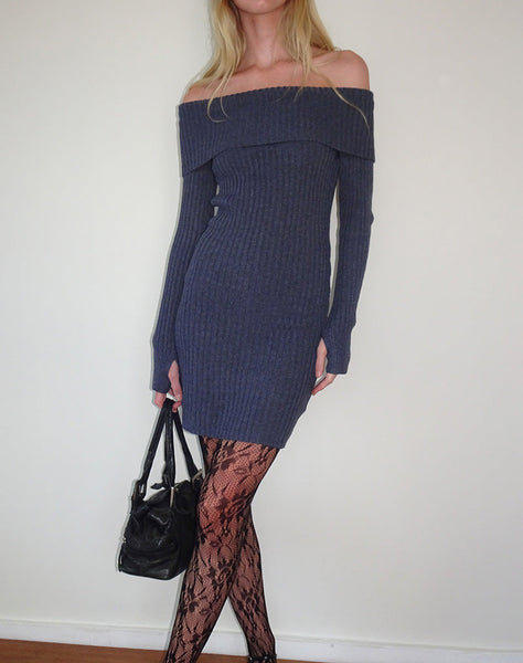 Image of Queeva Knitted Bardot Mini Dress in Dark Charcoal