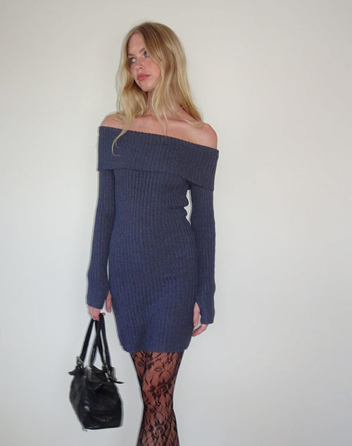 Image of Queeva Knitted Bardot Mini Dress in Dark Charcoal