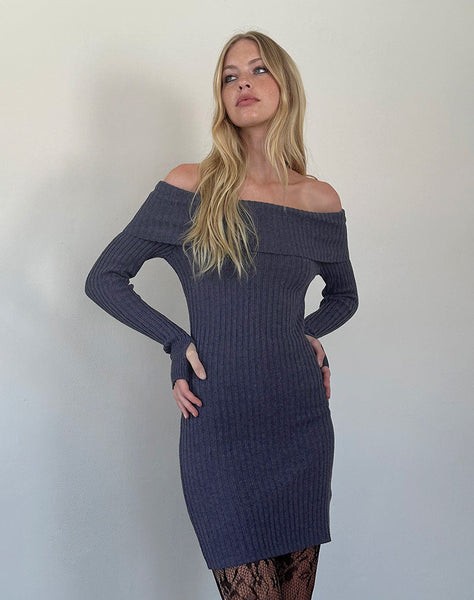 Image of Queeva Knitted Bardot Mini Dress in Dark Charcoal