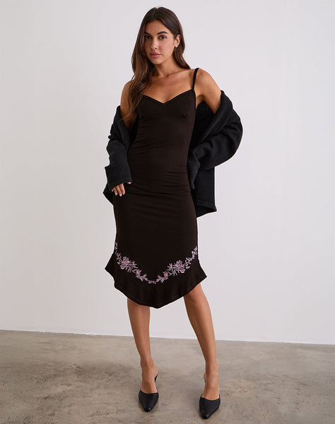 Image of Quelin Midi Dress in Chocolate Brown with Rose Embroidery