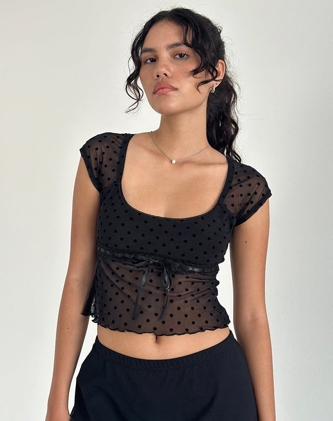 Image of Rada Top in Flocked Mesh Basic Polka Black