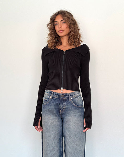 Image of Radia Long Sleeve Off-Shoulder Zip Through Jumper in Black