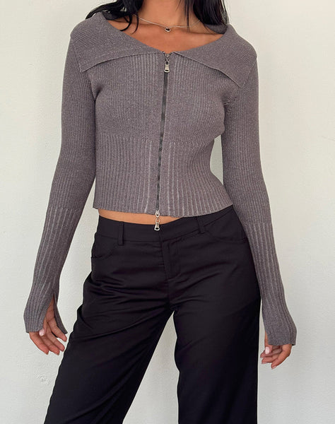 Image of Radia Long Sleeve Off-Shoulder Zip Through Jumper in Dark Charcoal