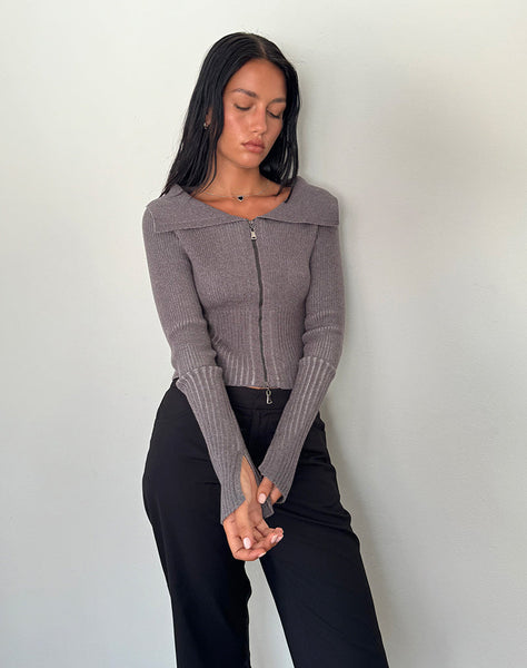 Image of Radia Long Sleeve Off-Shoulder Zip Through Jumper in Dark Charcoal