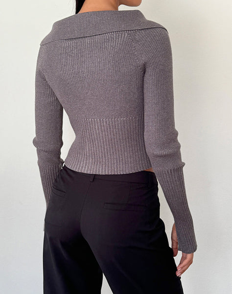 Image of Radia Long Sleeve Off-Shoulder Zip Through Jumper in Dark Charcoal