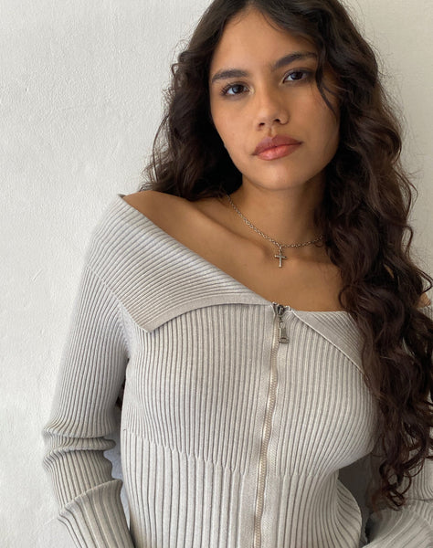 Image of Radia Long Sleeve Off-Shoulder Zip Thru Jumper in Light Grey