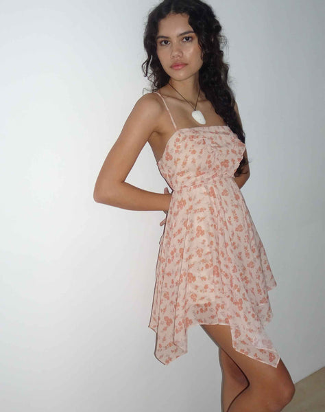 Image of Raftar Frill Chiffon Mini Dress in Peach Cherry Blossom