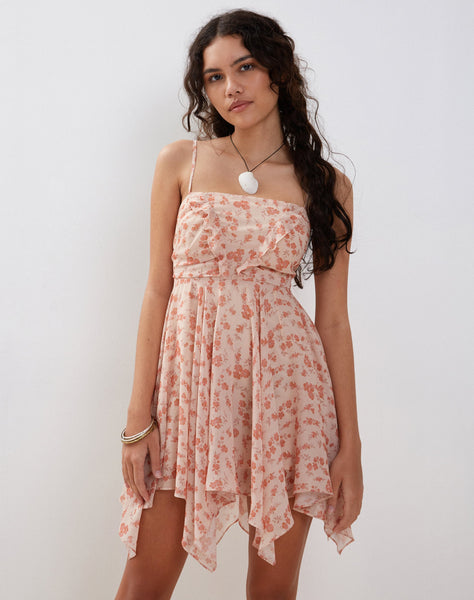 Image of Raftar Frill Chiffon Mini Dress in Peach Cherry Blossom