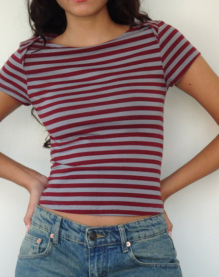 Isda Top in Plum, Navy and Stone Stripe with Olympics Slogan