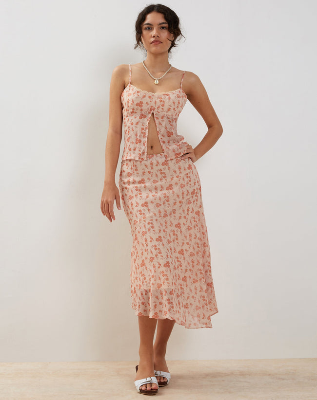 Image of Rans Waterfall Hem Chiffon Midi Skirt in Peach Cherry Blossom