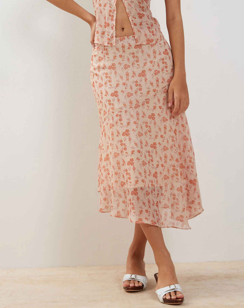 Image of Rans Waterfall Hem Chiffon Midi Skirt in Peach Cherry Blossom