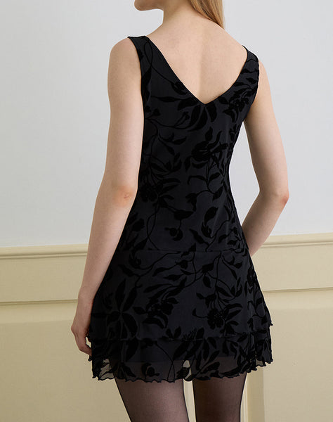 Image of Rawson Mini Dress in Flock Leaf Flower Black