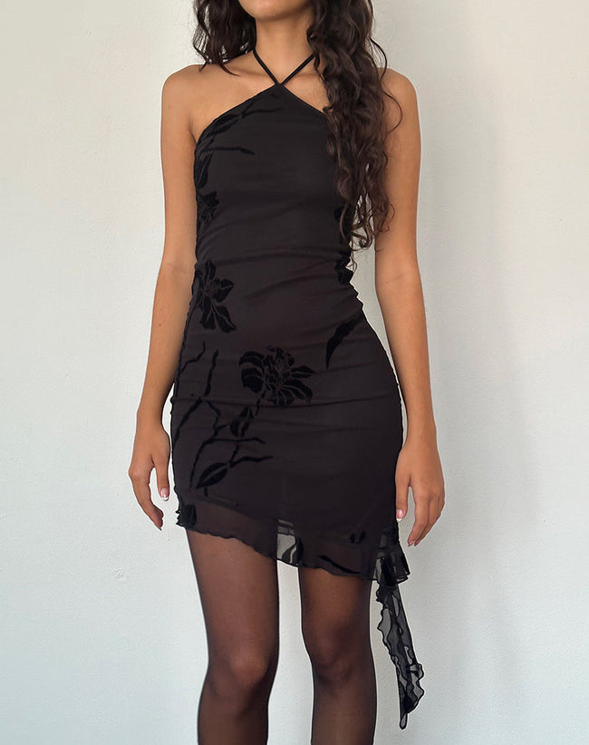 Image of Redi Mini Halterneck Dress in Orchids Flock Black