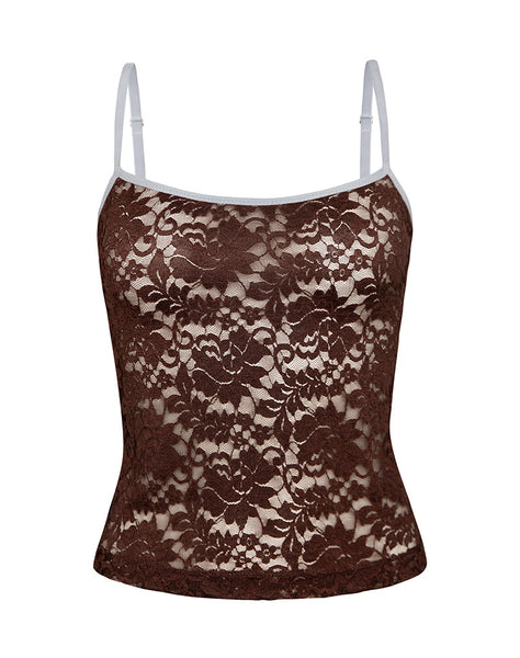 Image of Redum Cami Top in Chocolate Lace with Blue Binding