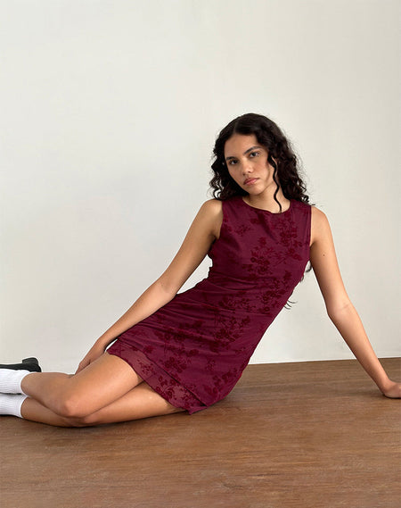 Luth Mini Dress in Ditsy Flocked Burnt Maroon