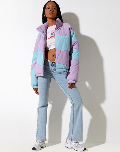 Image of Renee Puffa Jacket in Panelled Purple and Blue