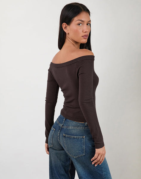 Image of Renie Bardot Top in Dark Brown Knit