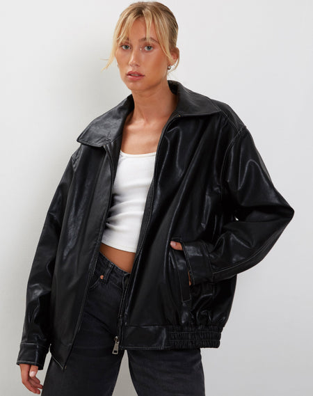 Marco Distressed Bomber Jacket in PU Black