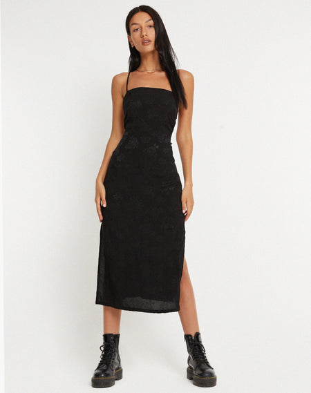 Detrie Low Back Lace Midi Dress in Jet Black Lace