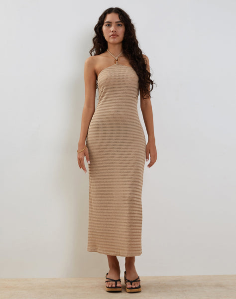 Image of Emersyn Waffle Knit Halterneck Midi Dress in Oat