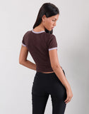 Image of Rinea Tee Top in Bitter Chocolate with Violet Binding and Running Late Slogan