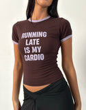 Image of Rinea Tee Top in Bitter Chocolate with Violet Binding and Running Late Slogan