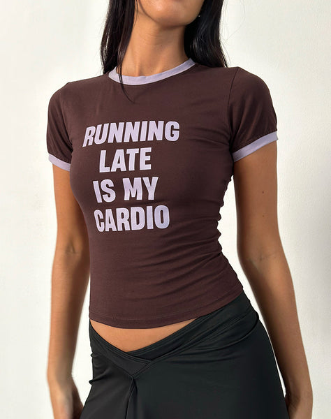 Image of Rinea Tee Top in Bitter Chocolate with Violet Binding and Running Late Slogan