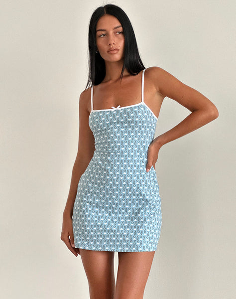 Image of Riniko Mini Dress in Powder Blue XO Heart Print with White Binding