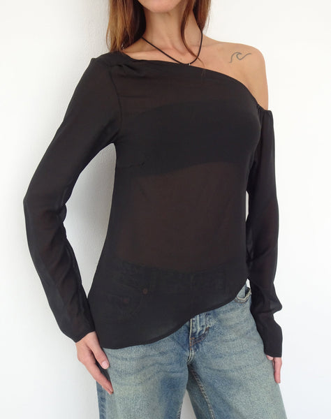 Image of Riot Asymmetric Longline Top in Black Chiffon