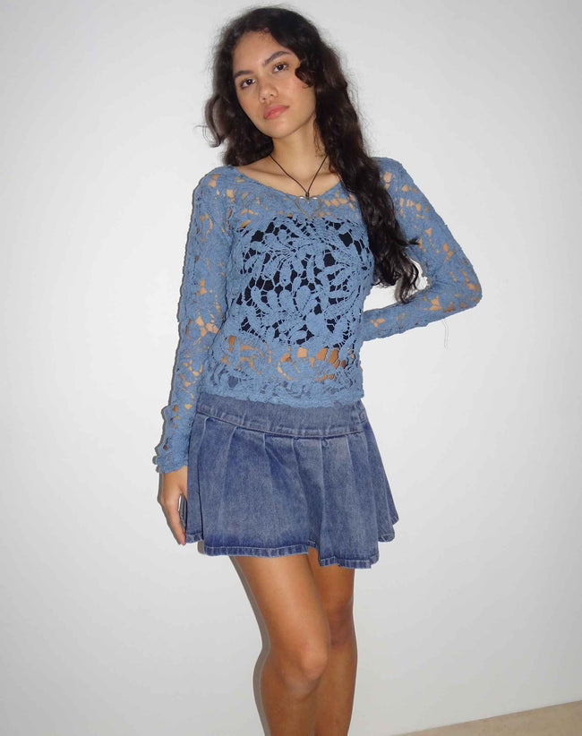 Image of Ripu Floral Crochet Long Sleeve Top in Midnight Blue