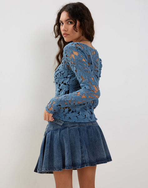 Image of Ripu Floral Crochet Long Sleeve Top in Midnight Blue