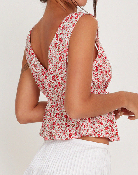 Image of Rolia Tie Front Top in Ditsy Floral Blush Red