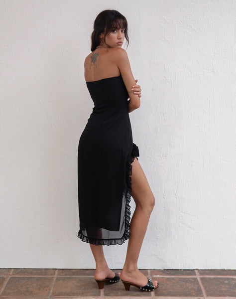 Image of Rosaya Ruffle Rosette Bandeau Midi Dress in Black Chiffon