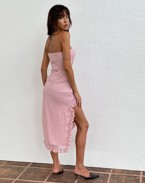 Image of Rosaya Ruffle Rosette Bandeau Midi Dress in Pink Chiffon