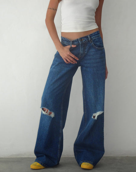 Roomy Oversized Low Rise Jeans in Mid Blue Used