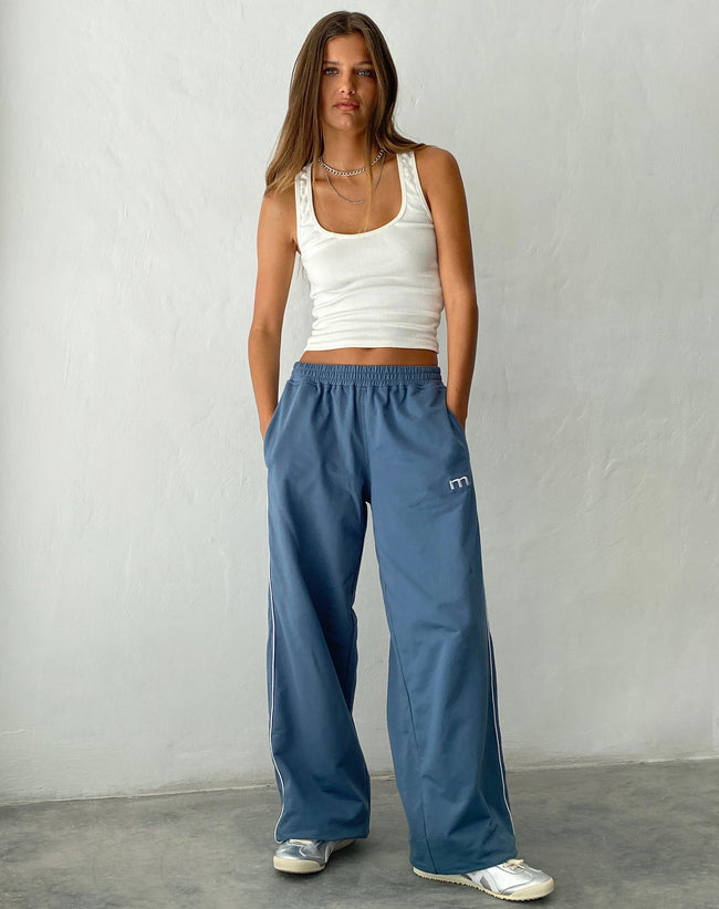 Image of Benton Wide Leg Jogger in Blue with 'M' Embroidery