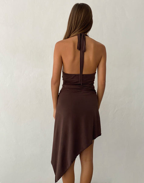 Images of Ruebelle Halterneck Asymmetric Midi Dress in Mocca