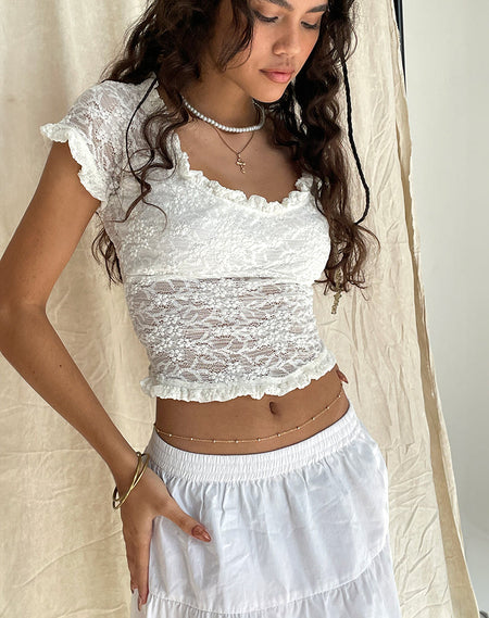 Bovillo Lace Trim Tee in Ribbed Off White