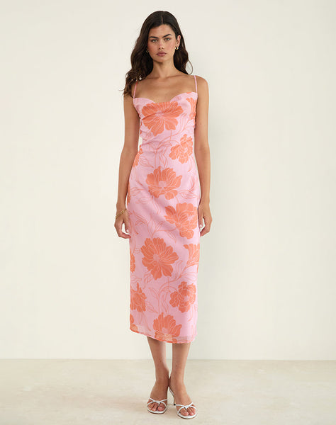 Image of Rujira Cowl Midi Dress in Floral Pink Orange