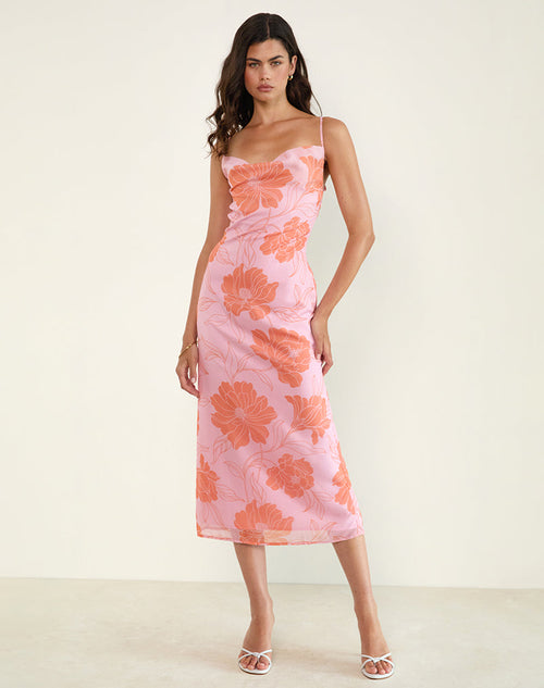 Image of Rujira Cowl Midi Dress in Floral Pink Orange