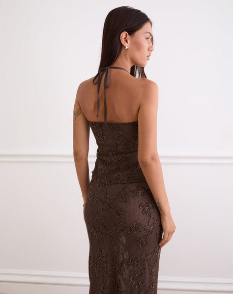 Image of Ruwi Sequin Knit Halter Top in Dark Brown