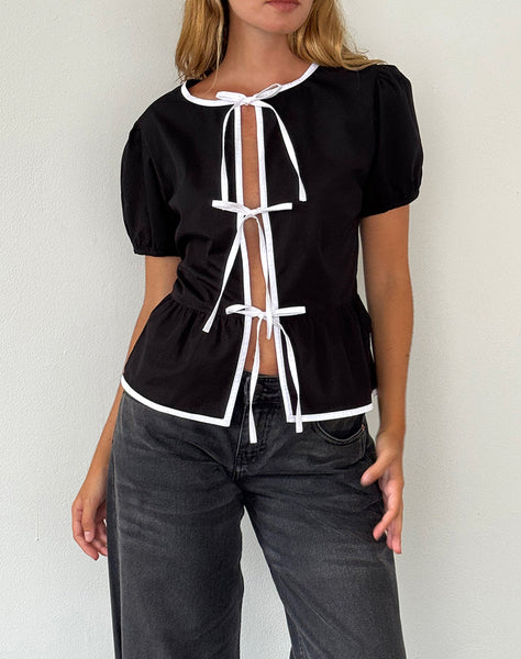 Image of Ryota Tie Front Blouse in Black with White Binding