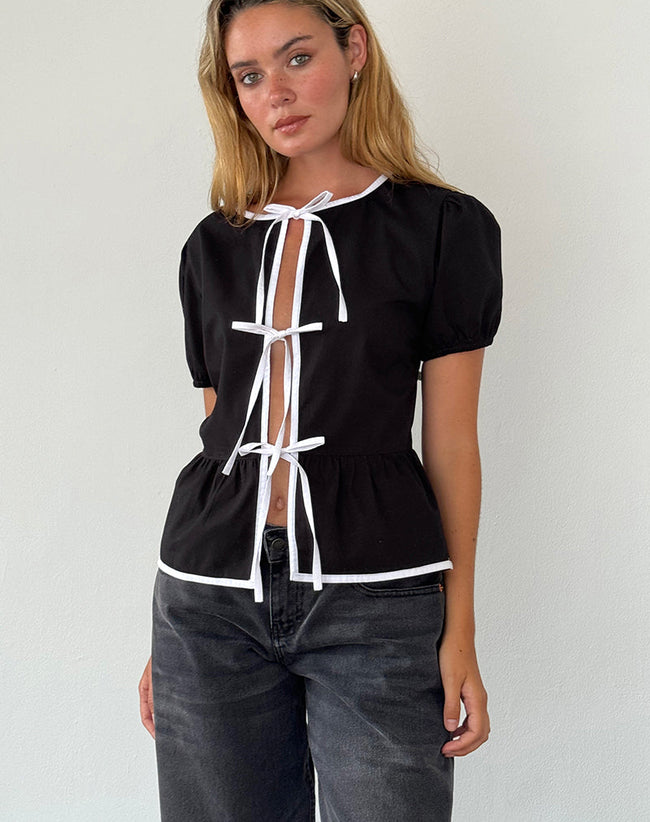 Image of Ryota Tie Front Blouse in Black with White Binding